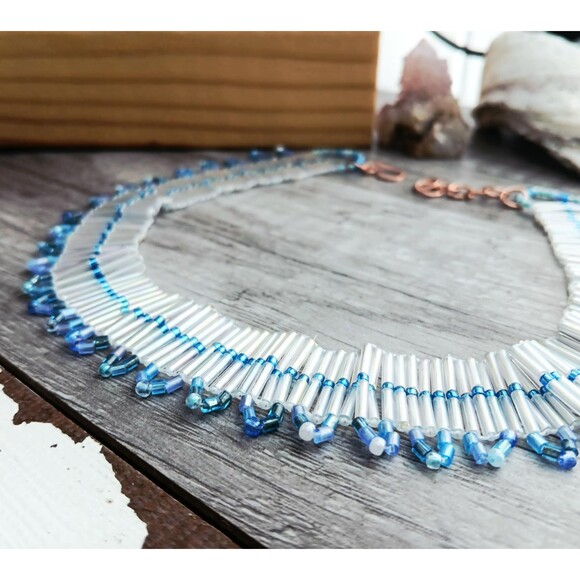 Iridescent Seed Bead Choker, Adjustable Choker Necklace, Artisan Boho Statement - Picture 4 of 7